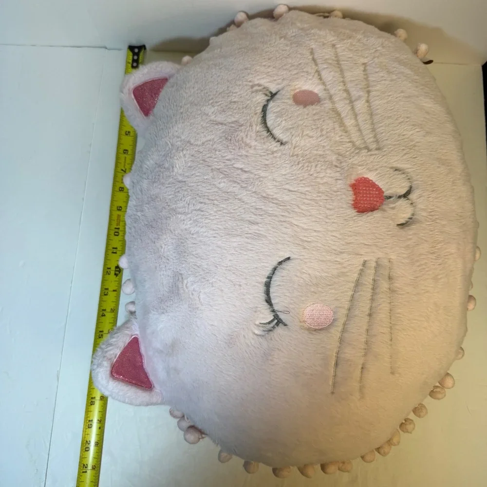 Isaac Mizrahi New York Pink Plush Cat Pillow Pom Pom Trim Decorative Accent
